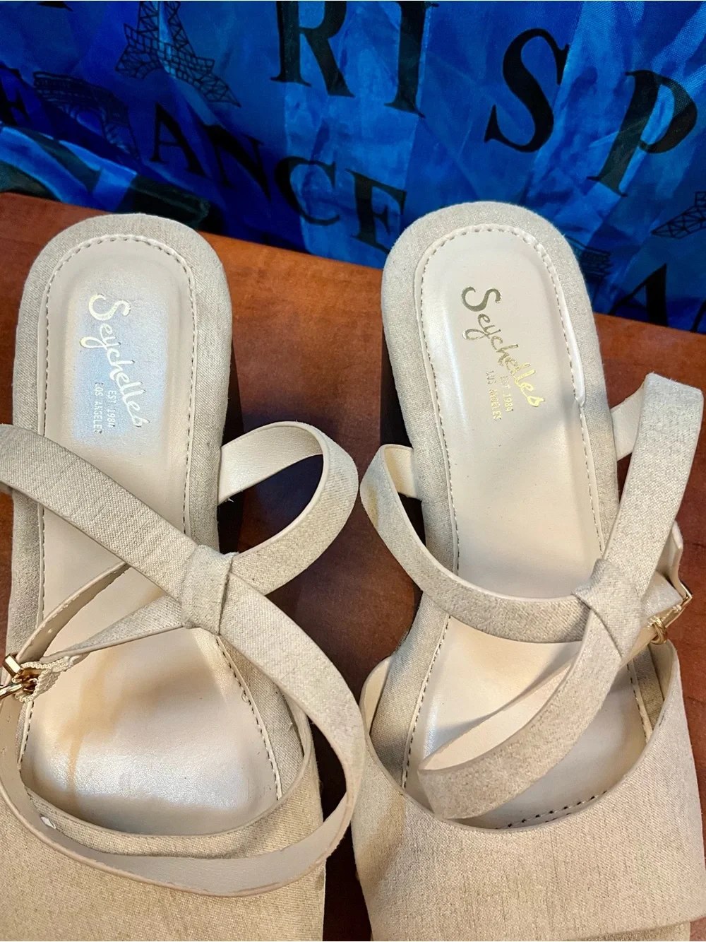 Seychelles Cream Strappy Wedge Sandals with Gold Buckle